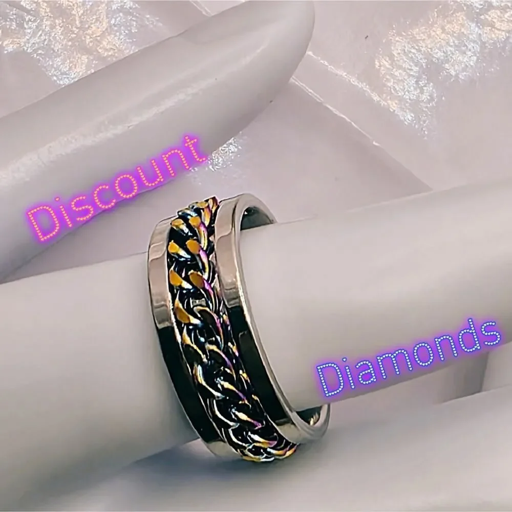 SPINNER Titanium Polished Silver Ring - Rainbow Chain
